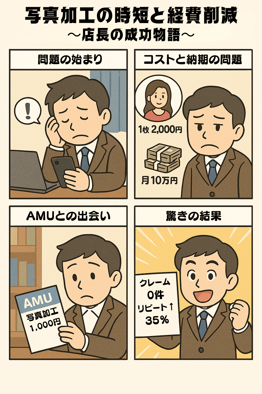 写真加工の時短と経費削減〜店長の成功物語〜 マンガで見る成功事例 | 風俗写真加工サービスAMU | 自然な仕上がりで顧客満足度アップ